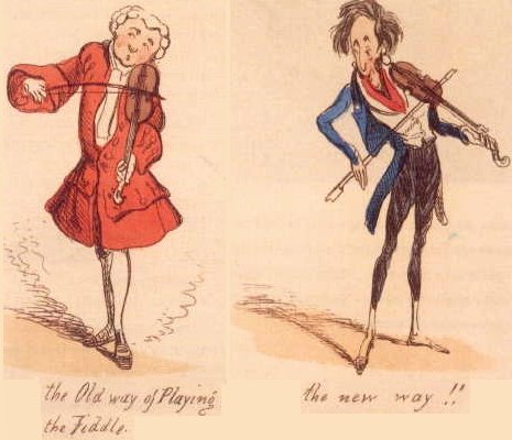 the old and the new way of playing the fiddle