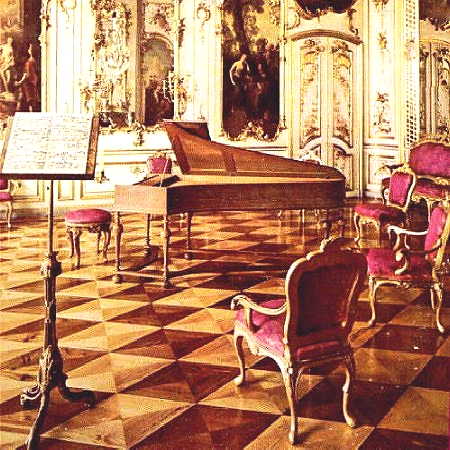 Sans Souci, Potsdam, the music room showig a Silbermann fortepiano, or hammerklavier.